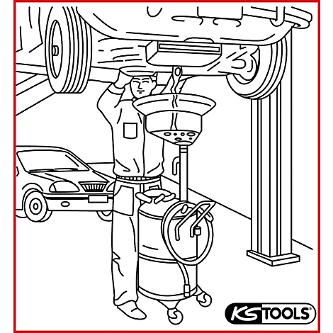 Mechaniker wechselt Öl an einem Auto. Er steht unter dem Fahrzeug mit einem Auffangbehälter.